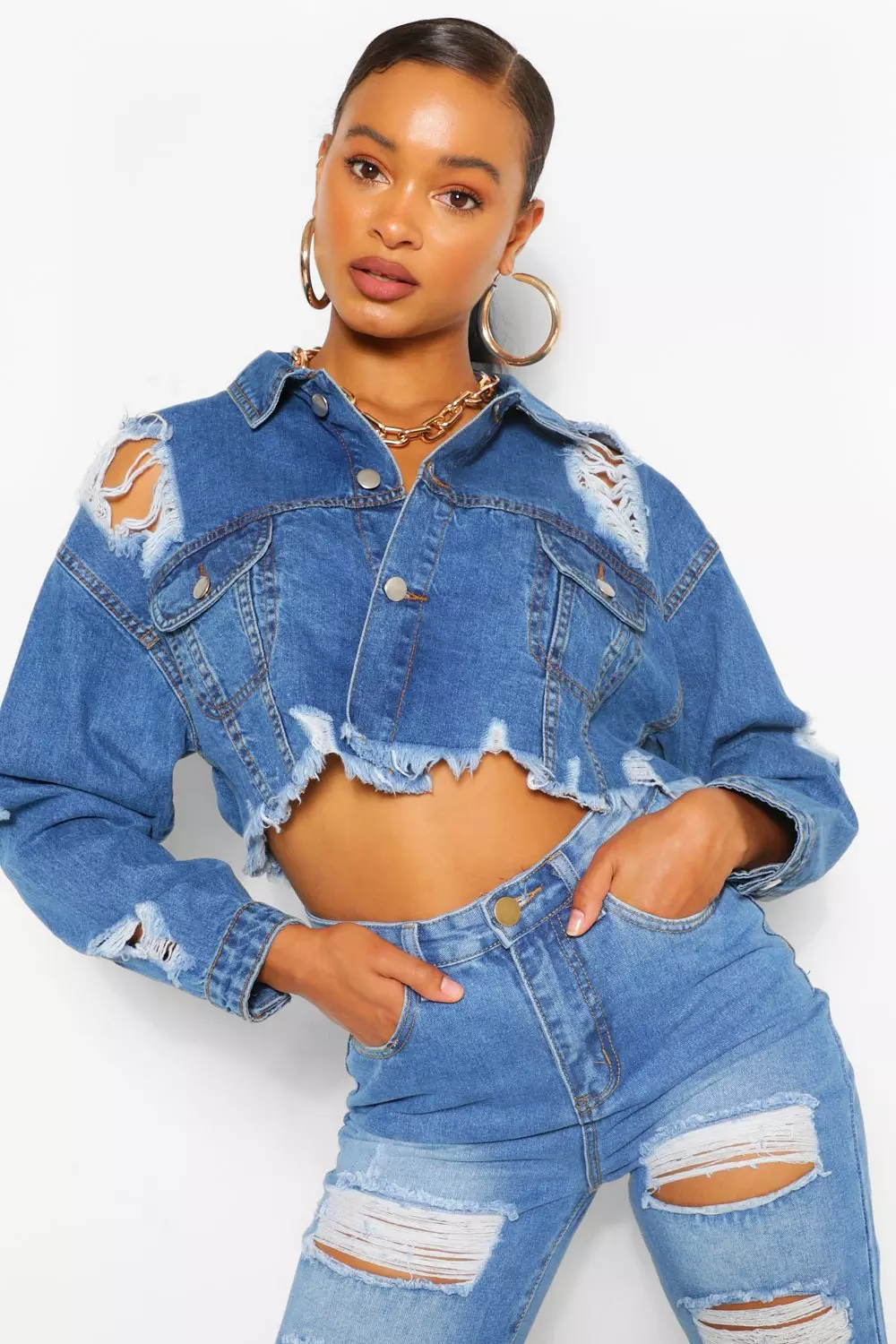 Distressed denim shop jacket cropped